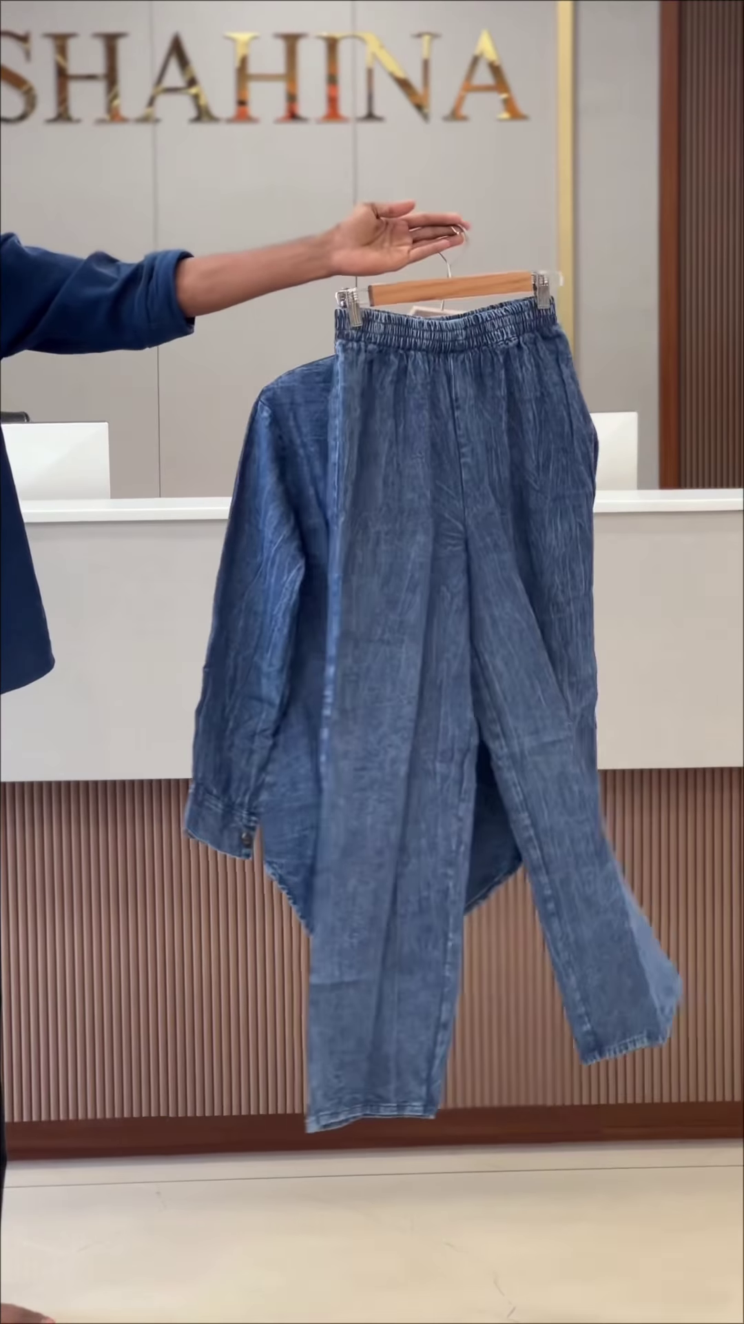 Acid-Wash Denim Shirt and Trouser Co-ord Set with Floral Embroidery