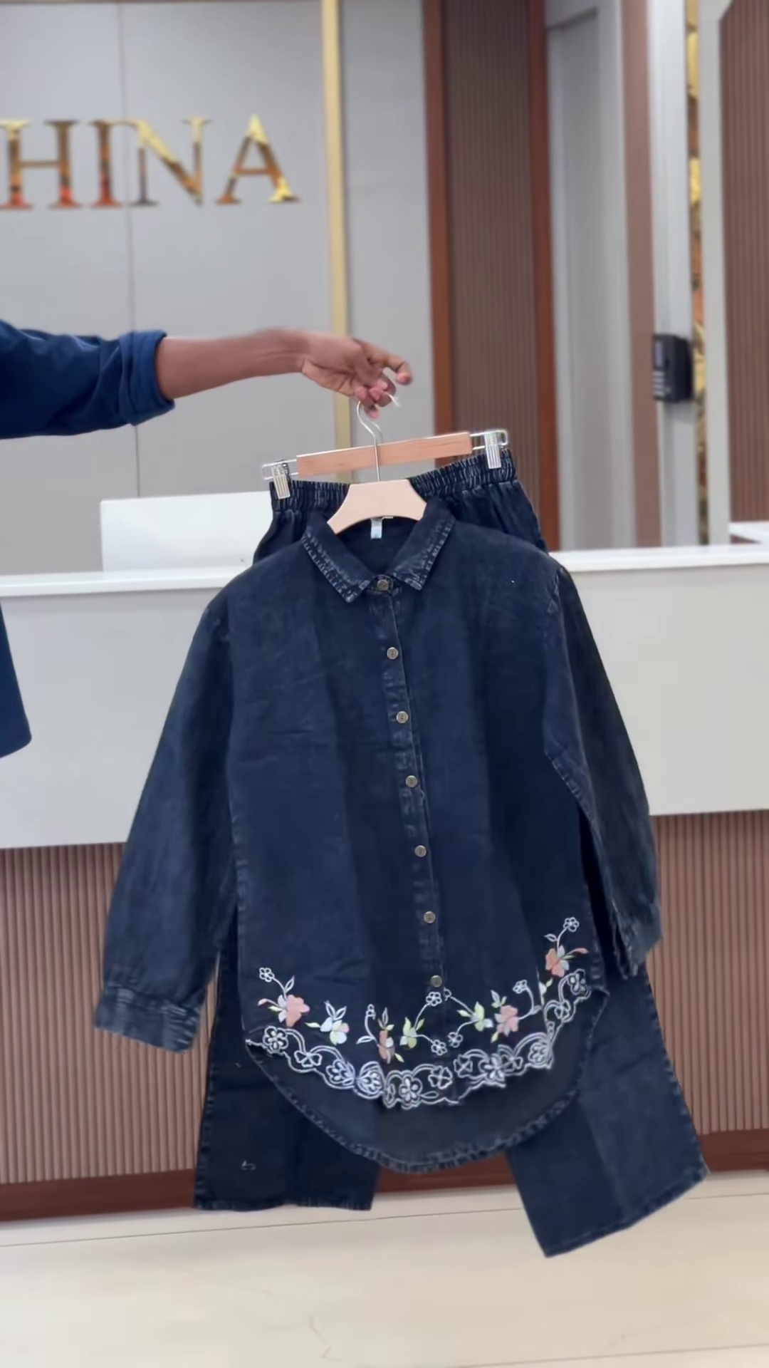 Acid-Wash Denim Shirt and Trouser Co-ord Set with Floral Embroidery