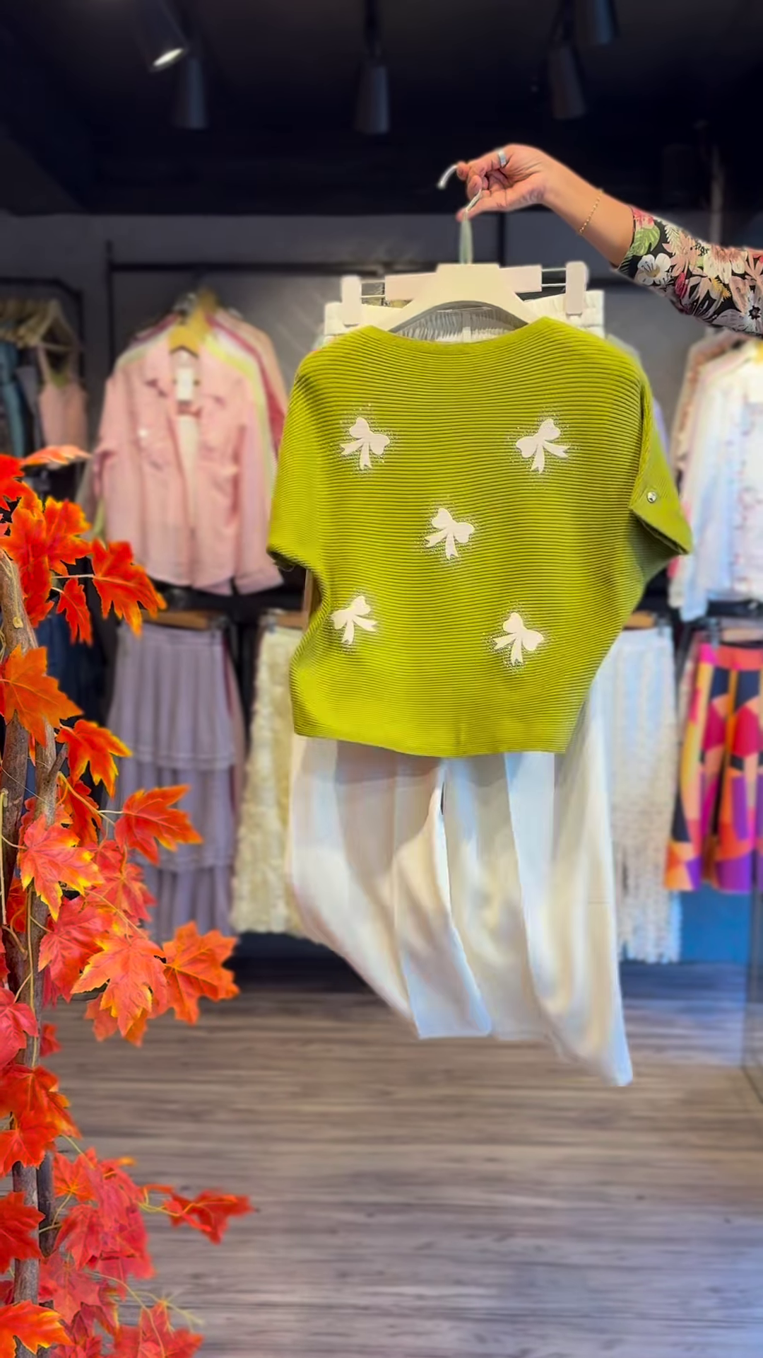 Ribbed Bow-Embellished Olive Top and Trouser Co-ord Set