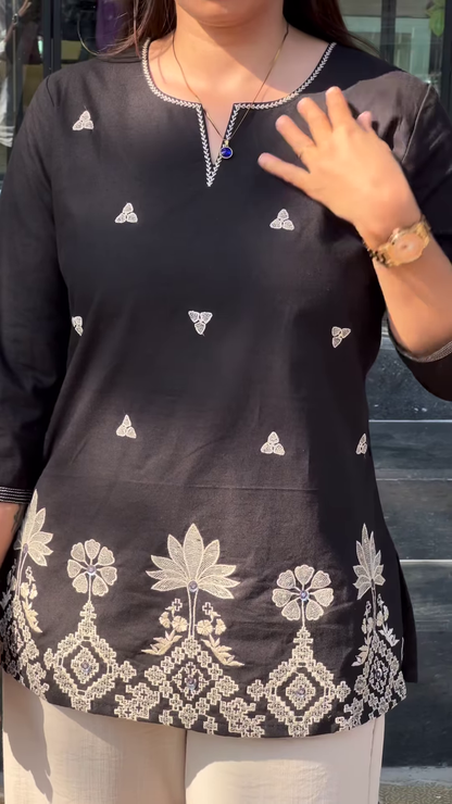 Embroidered Black Kurti with White Contrast Detailing