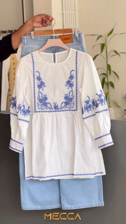 Embroidered White Peplum Tunic with Blue Floral Accents