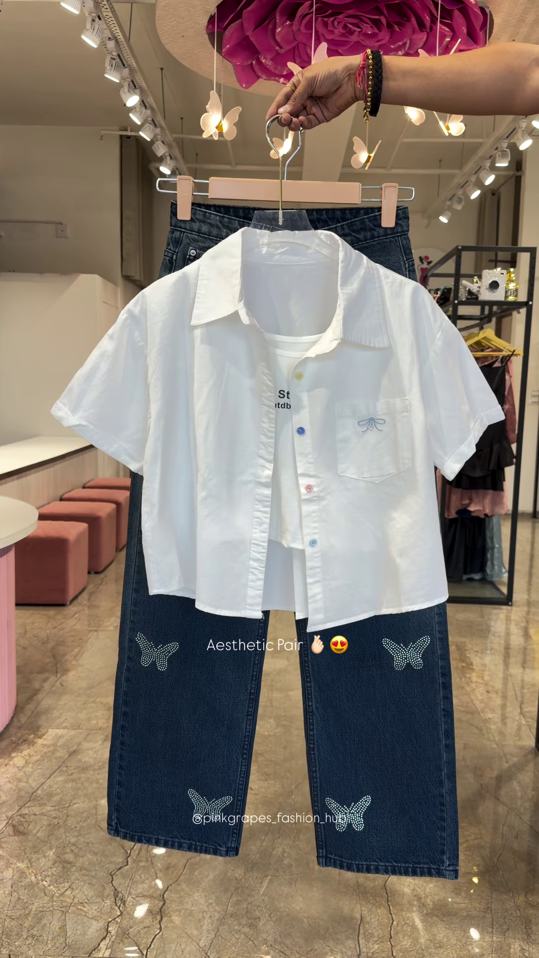 Pastel Button-Down Crop Shirt and Rhinestone-Embellished Denim Co-ord Set