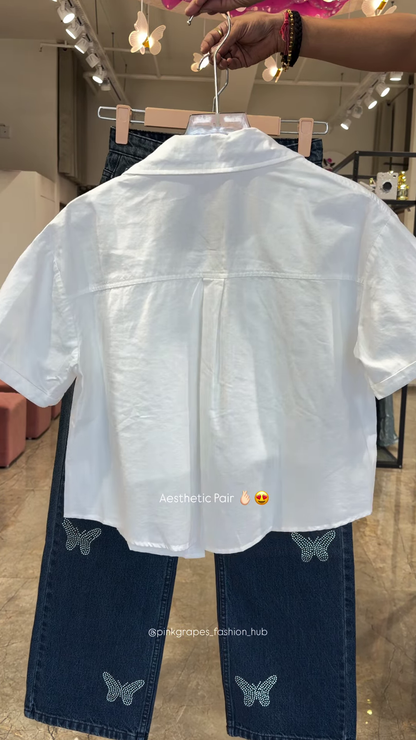 Pastel Button-Down Crop Shirt and Rhinestone-Embellished Denim Co-ord Set