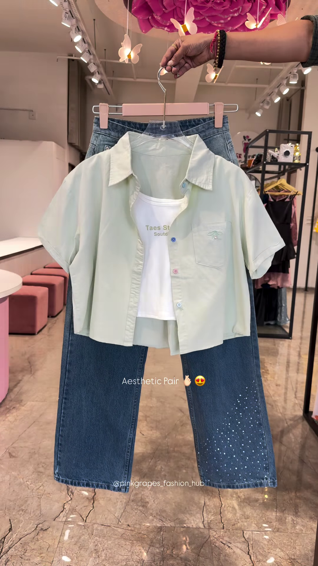 Pastel Button-Down Crop Shirt and Rhinestone-Embellished Denim Co-ord Set