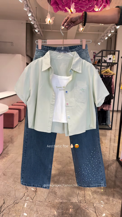 Pastel Button-Down Crop Shirt and Rhinestone-Embellished Denim Co-ord Set