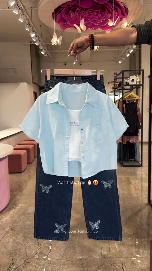 Pastel Button-Down Crop Shirt and Rhinestone-Embellished Denim Co-ord Set