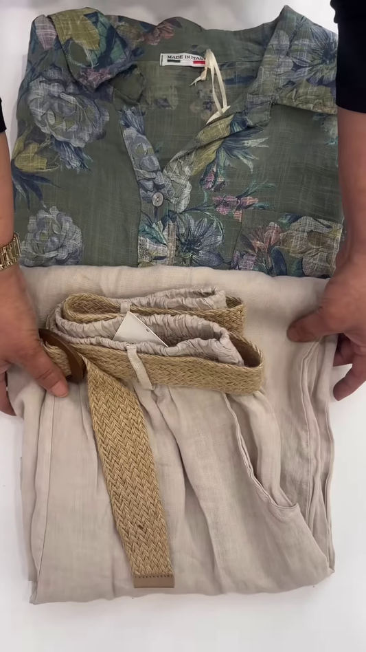 Floral Linen Shirt and Elastic-Waist Trousers Co-ord Set
