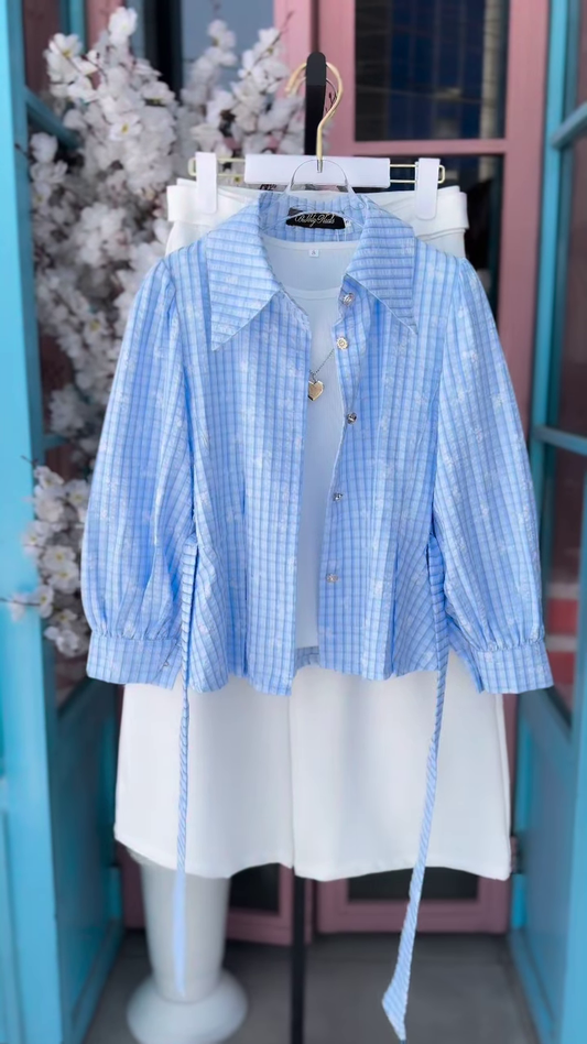Blue Gingham Puff-Sleeve Shirt and White Trouser Co-ord Set