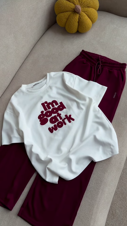 Graphic "I'm Good at Work" T-Shirt and Maroon Lounge Set