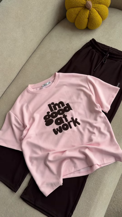 Graphic "I'm Good at Work" T-Shirt and Maroon Lounge Set