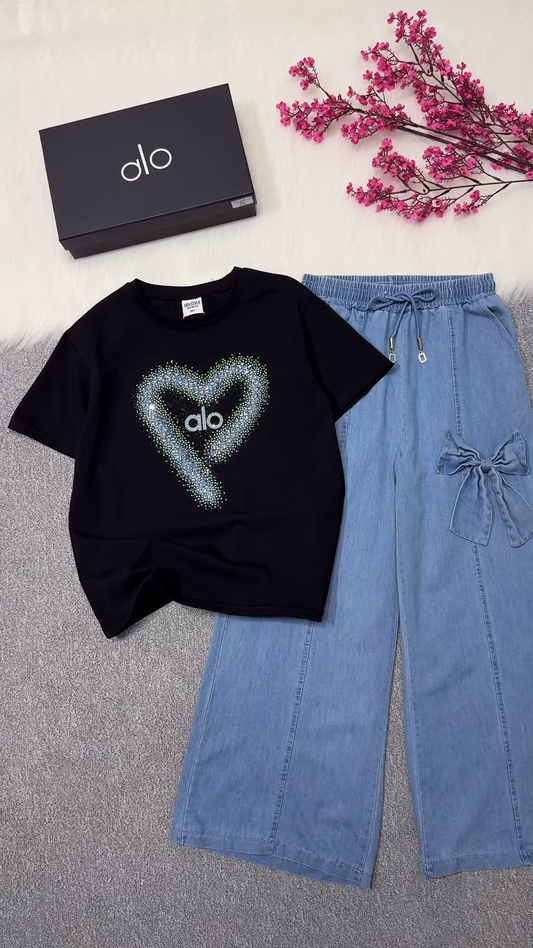Rhinestone Heart-Embellished Logo T-Shirt and Denim Trousers Set