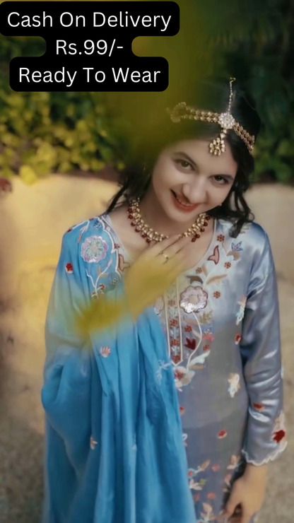 Celestial Blue Silk Sharara Set with Floral Artistry