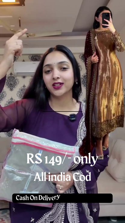 Golden Sage Silk Suit with Zardozi Embroidery