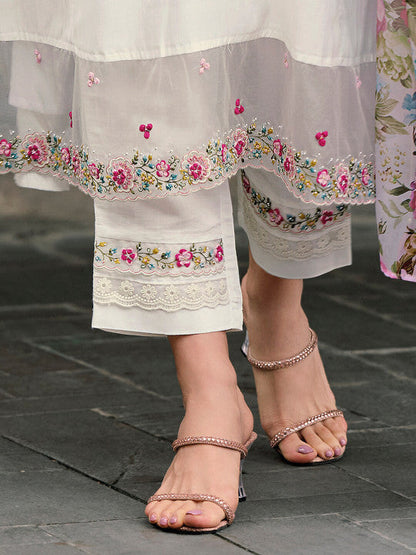Floral Embroidered Thread Work A-Line Kurta With Trousers & Dupatta